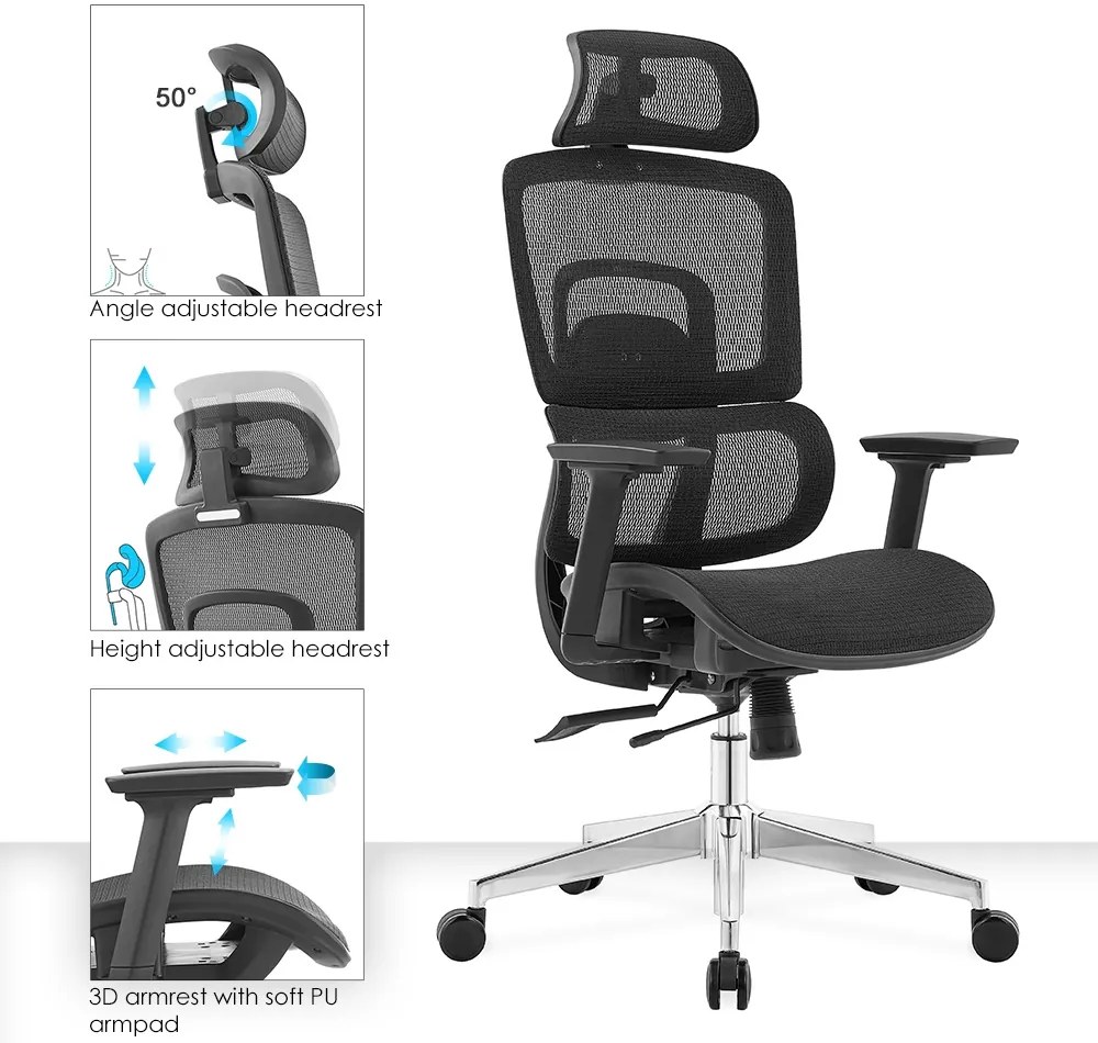 Ergodynamic Gary H - Scaun de birou - Full mesh - black, translatie sezut, brate 3D