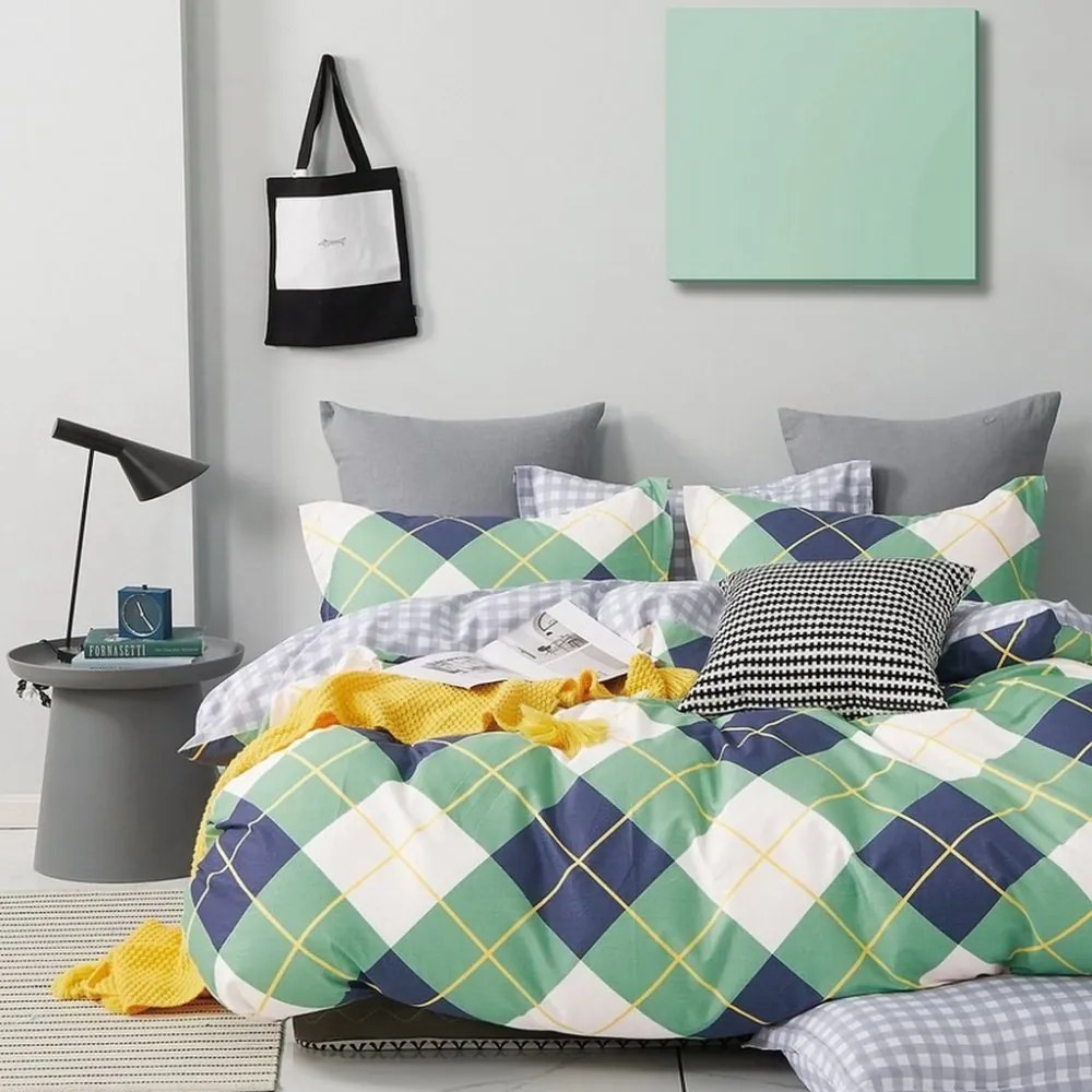 Lenjerie de pat reversibilă albastru-verde cu model 3 părți: 1buc 180x200 + 2buc 70 cmx80