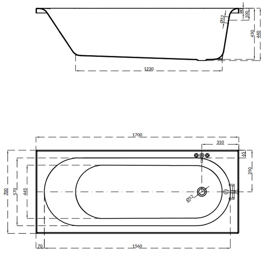 Cada baie incastrata Cersanit Octavia, 170 x 70 cm, dreptunghiulara, alb lucios 1700x700 mm