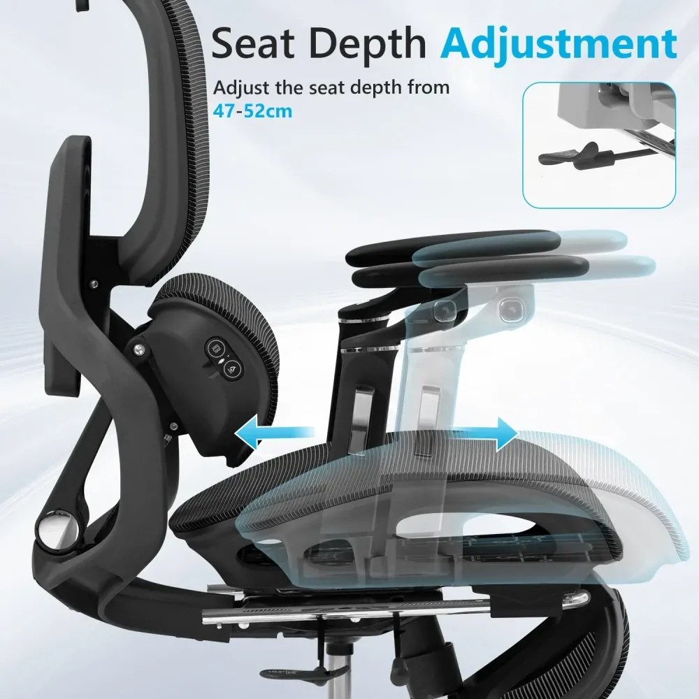 RESIGILAT- VIGOCHAIR ULTRA PRO Scaun ergonomic, spatar reglare verticala, suport lombar cu masaj si incalzire, sezut translatie, cotiere 6D, suport picioare, Full Mesh, Negru