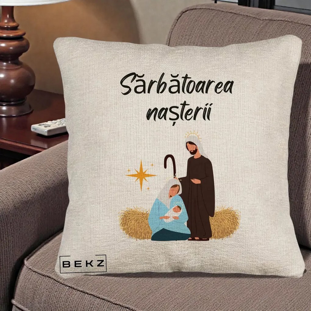 Perna Decorativa Nasterea Domnului Sfanta Familie Sarbatoarea Nasterii, 40x40 cm, Bej Canapea, Husa Detasabila, Perna Inclusa, BEKZ®