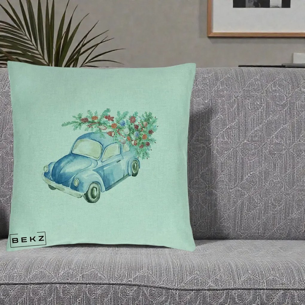 Perna Decorativa Masinuta Albastra cu Brad de Craciun, 40x40 cm, Verde Menta, Husa Detasabila, Perna Inclusa, BEKZ®