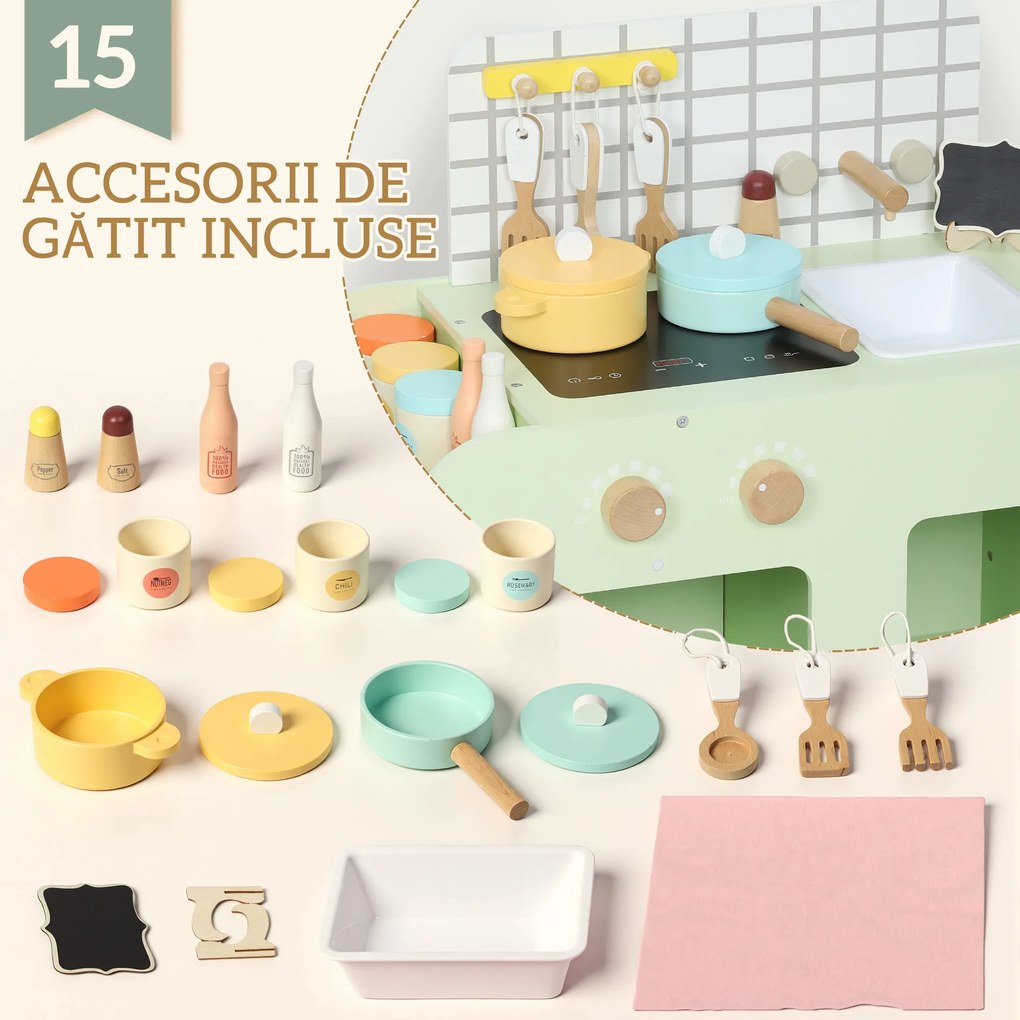 AIYAPLAY Set de Bucătărie de Jucărie din Lemn pentru Copii de 3+ Ani cu 15 Accesorii, Verde | Aosom Romania