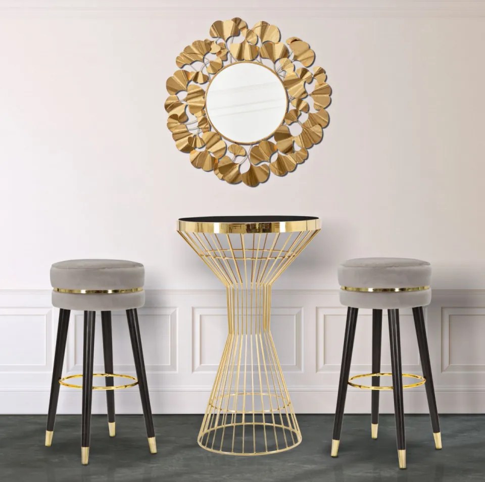 Scaun de bar gri/auriu din catifea si lemn de Pin, Paris Mauro Ferretti