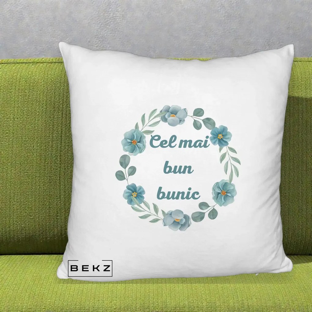 Cadou pentru Bunic - Perna Personalizata Cel Mai Bun Bunic Coronita Flori Albastre Teal, 40x40 cm, Alb Pufos, Husa Detasabila, Perna Inclusa, BEKZ®