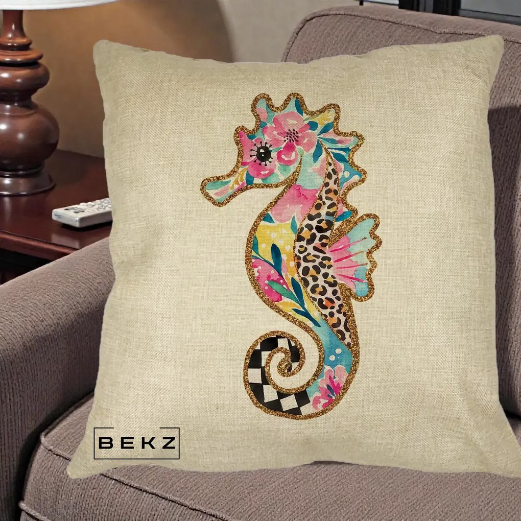 Perna Decorativa Calut de Mare Glitter Tropical, 40x40 cm, Crem, Husa Detasabila, Perna Inclusa, BEKZ®