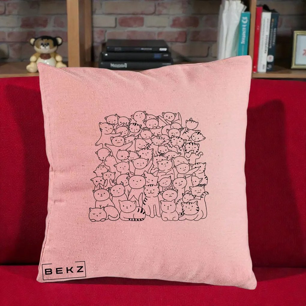 Perna Personalizata Many Cats Pattern Alb-Negru, 40x40 cm, Roz, Husa Detasabila, Perna Inclusa, BEKZ®