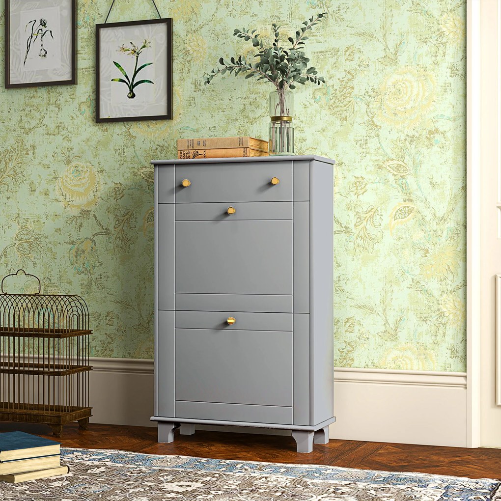 HOMCOM Mobilier Pantofar Ingust cu 2 Usi Basculante si 1 Sertar pentru 8 Perechi de Pantofi 60x23,5x98,5 cm Gri | Aosom Romania