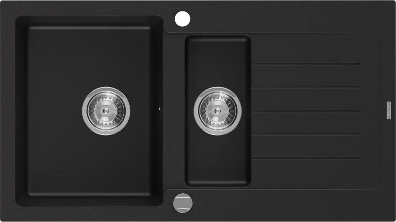Mexen Matias chiuvetă din granit cu 1,5 compartimente și scurgător 900 x 505 mm, negru, sifon cromat - 6502901505-77