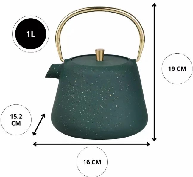 Ceainic din fonta cu infuzor Kinghoff KH 1933, 1 l, Interior emailat, Inducție, Verde