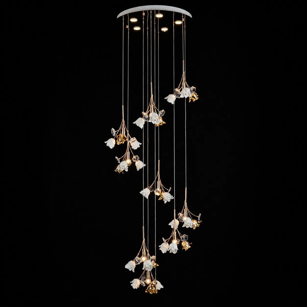 Lustra Rosalia cu Flori Ceramice, 10 Brate, Finisaj Gold - Bussy Lighting 7221-10+5P