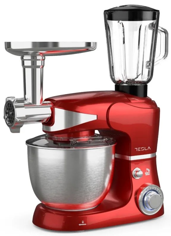 Robot de bucatarie cu bol de otel Tesla KR600RA, 1000W, 5 litri, Blender, Mixer, Masina de tocat carne, Rosu metalic