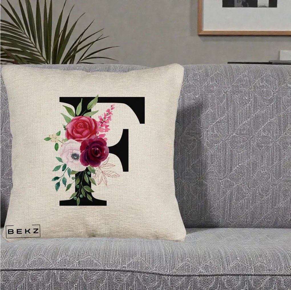 Cadou Personalizat - Perna Personalizata Monograma Florala Litera F, 40x40 cm, Bej Canapea, Husa Detasabila, Perna Inclusa, BEKZ®