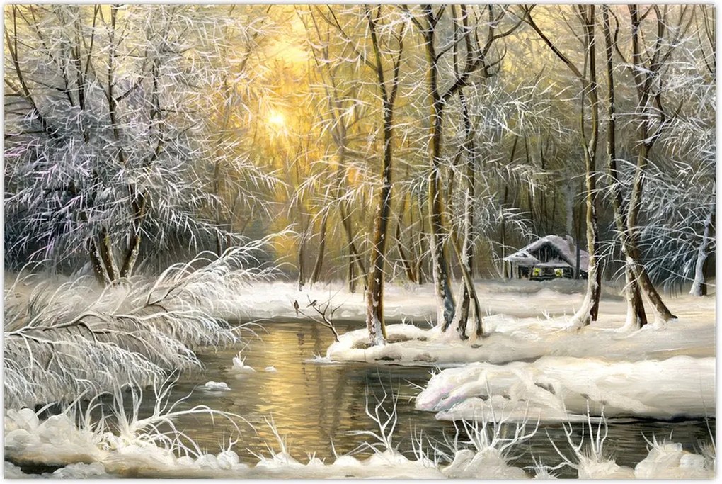 Tablou - Cabană în pădure, pictură în uei (90x60 cm)