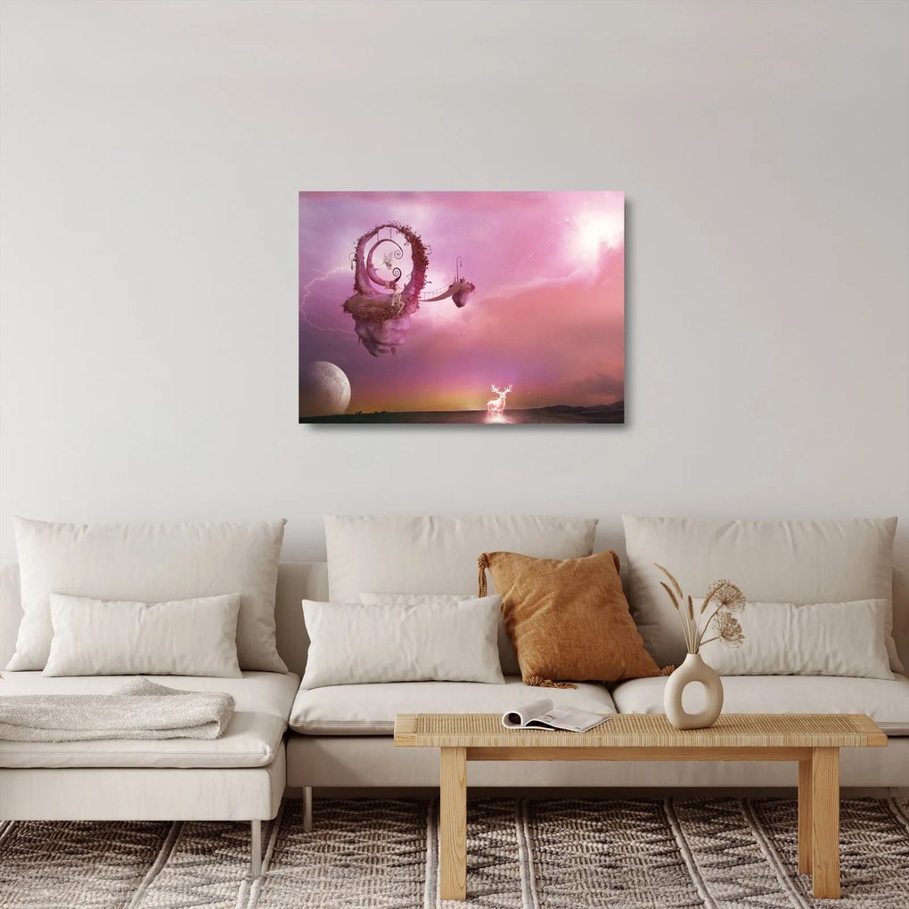 Tablou pe sticlă - Zână pe o insulă plutitoare (70x50 cm)