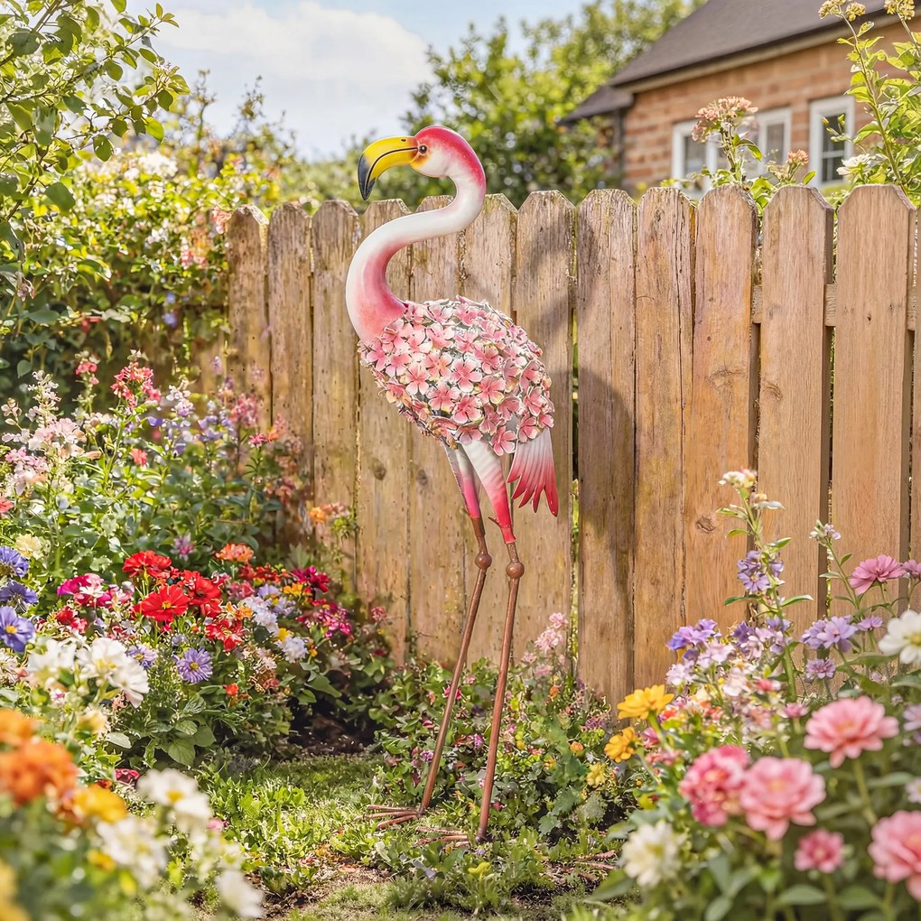 Outsunny Statuie de Grădină Flamingo, Sculptură de Pasăre din Metal cu Pene Florale, 28 x 19 x 83 cm, Roșu | Aosom Romania