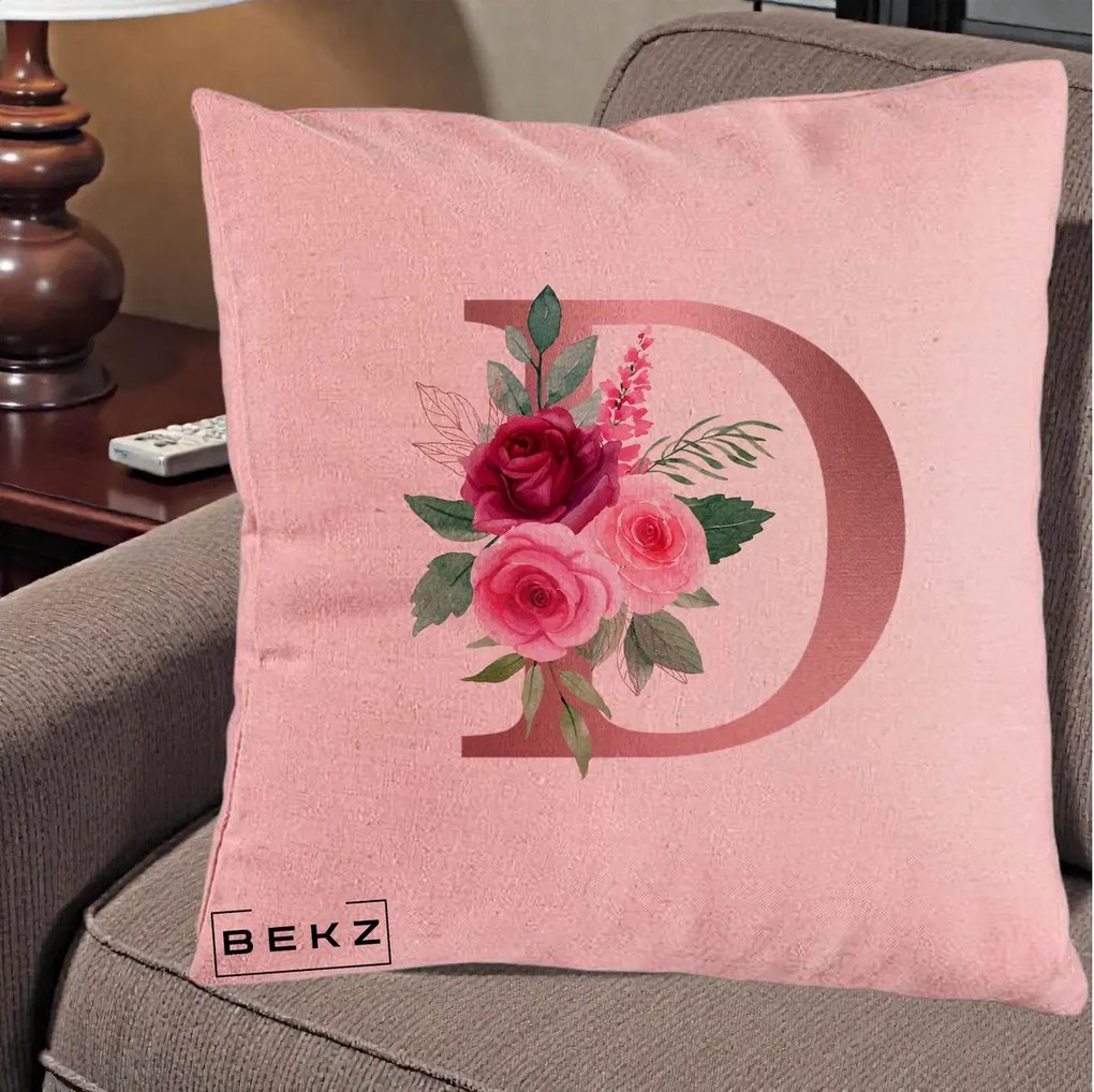 Cadou Personalizat - Perna Personalizata Monograma Rose Gold Litera D, 40x40 cm, Roz, Husa Detasabila, Perna Inclusa, BEKZ®