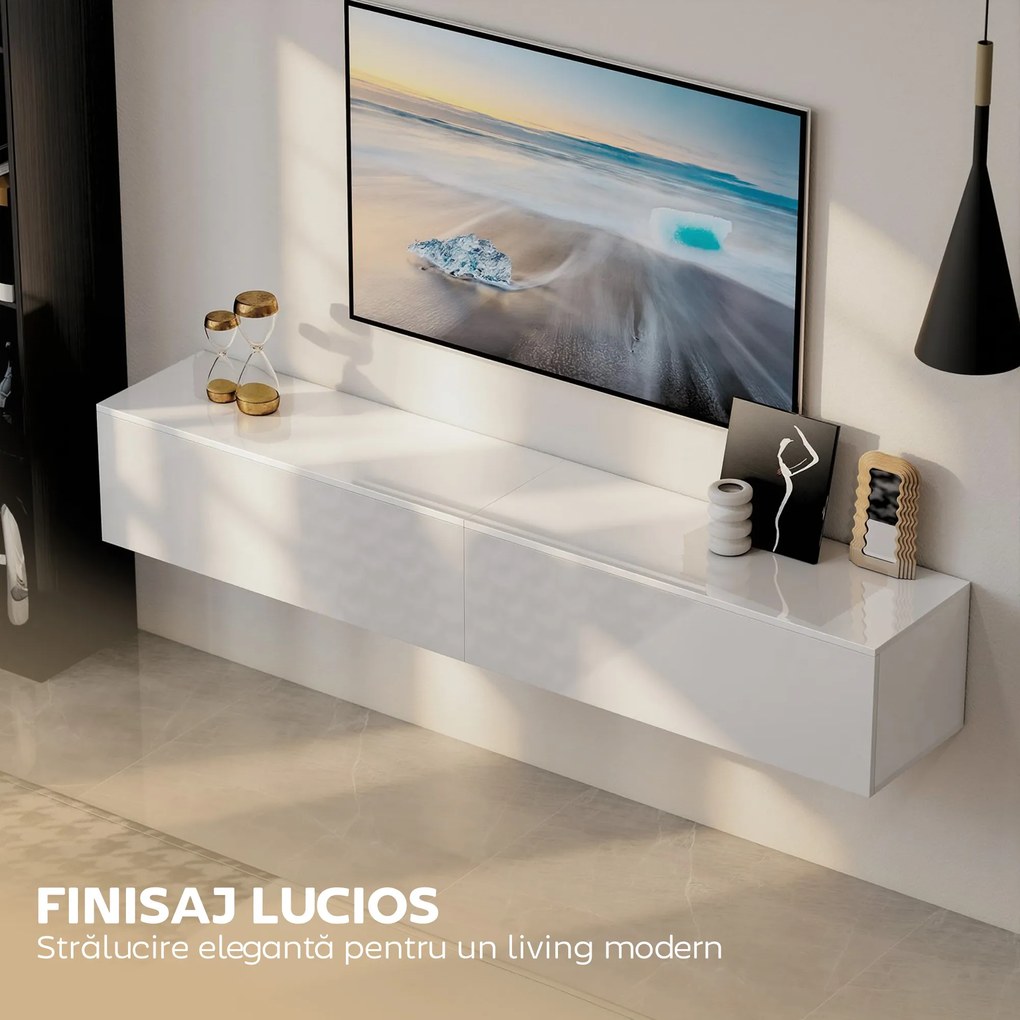 HOMCOM Dulap TV Suspendat 180 cm pentru TV până la 75 Inch, Dulap Modern pentru Living cu Uși cu Deschidere prin Apăsare și Orificii pentru Cabluri, Consolă Multimedia Montată pe Perete, Alb Lucios | Aosom Romania
