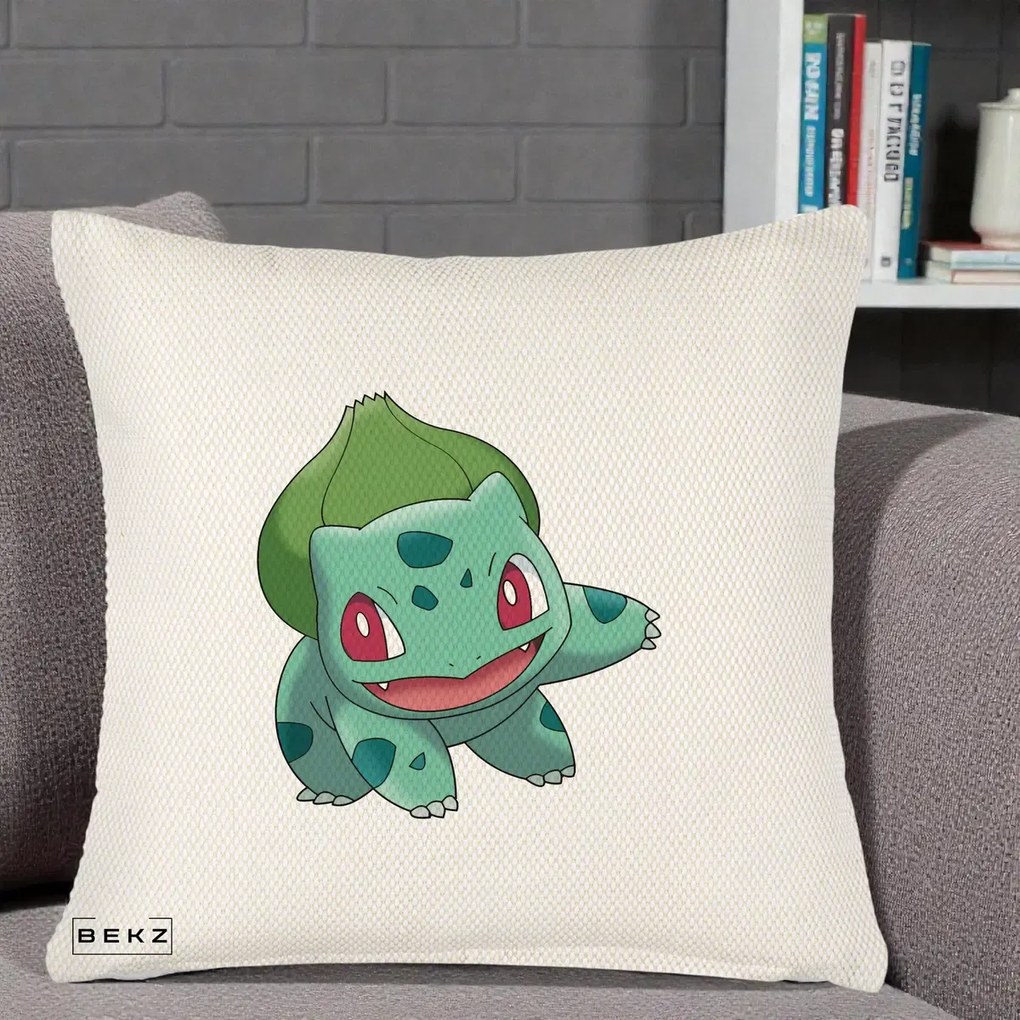 Perna Personalizata Bulbasaur Pokemon, 40x40 cm, Crem Reliefat, Husa Detasabila, Perna Inclusa, BEKZ®