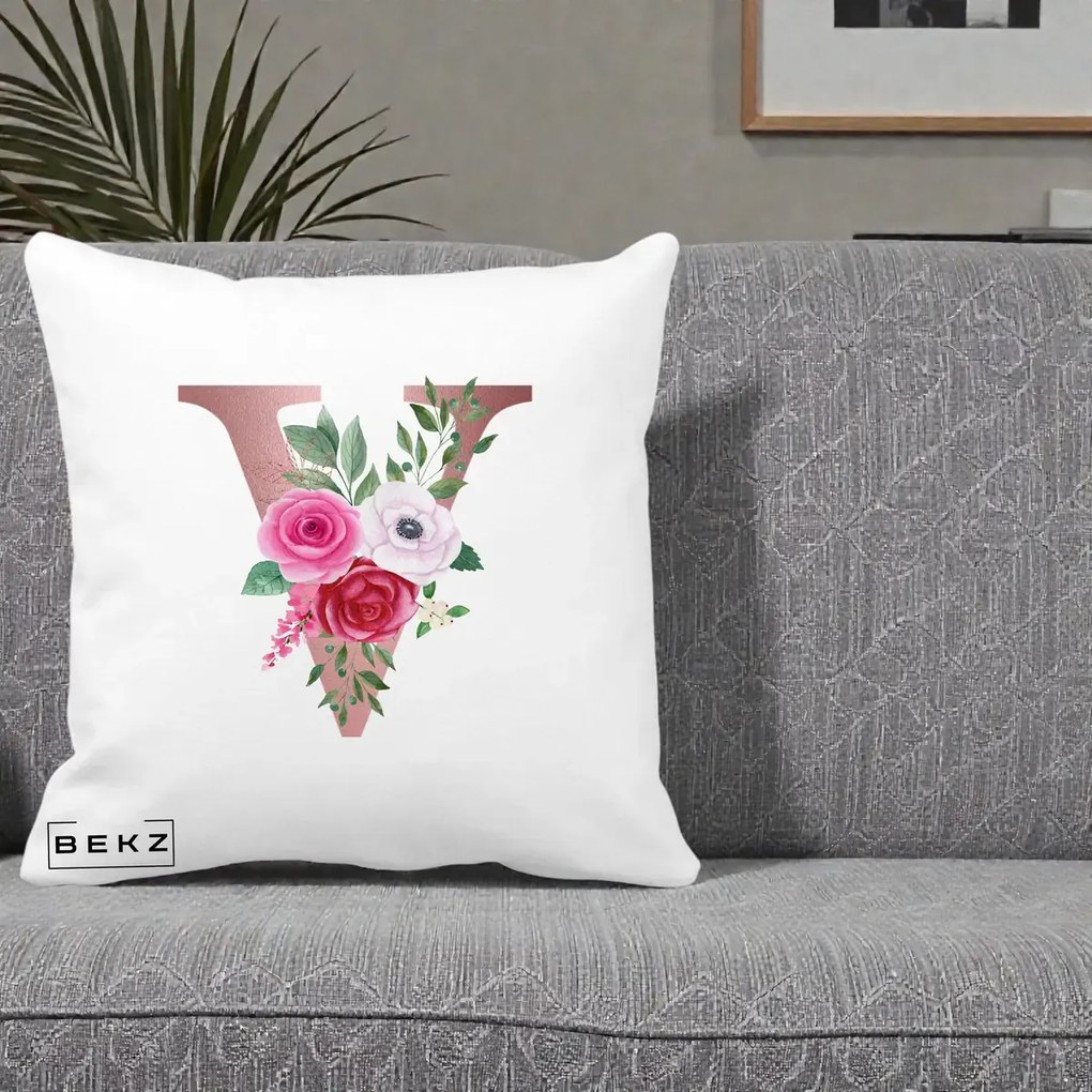 Cadou Personalizat - Perna Personalizata Monograma Rose Gold Litera V, 40x40 cm, Alba Mata, Husa Detasabila, Perna Inclusa, BEKZ®