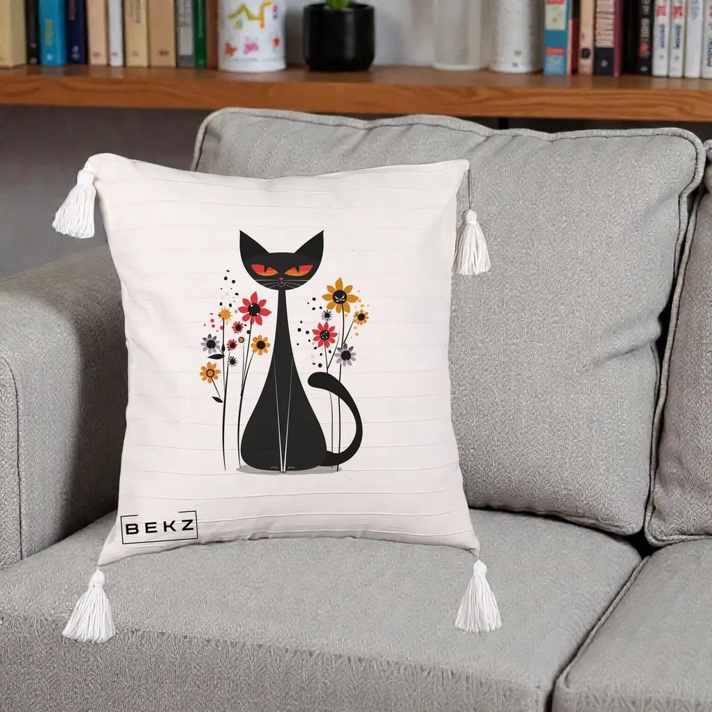 Perna Decorativa Pisica Neagra Ochi Rosii Flori, 40x40 cm, Bej cu Franjuri, Husa Detasabila, Perna Inclusa, BEKZ®