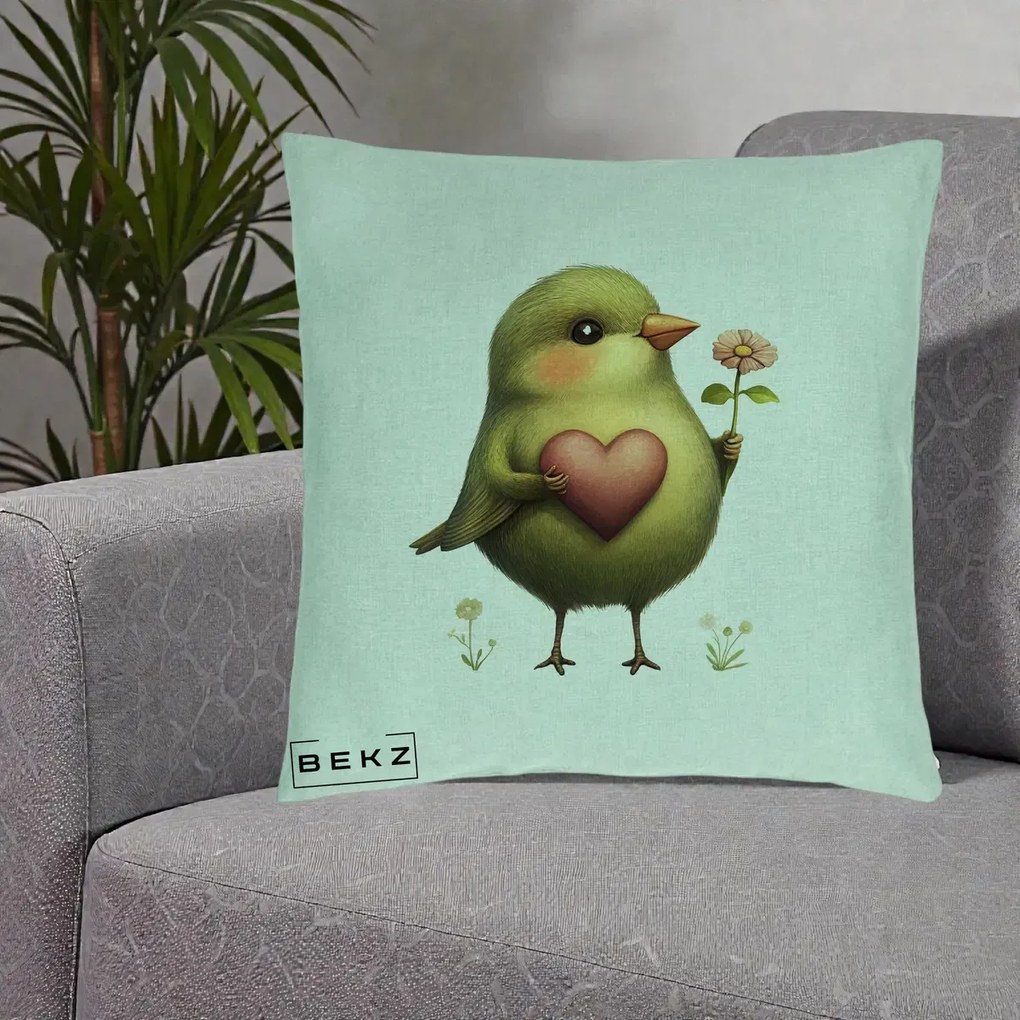 Perna Decorativa Pasare Verde cu Inima si Floare, 40x40 cm, Verde Menta, Husa Detasabila, Perna Inclusa, BEKZ®
