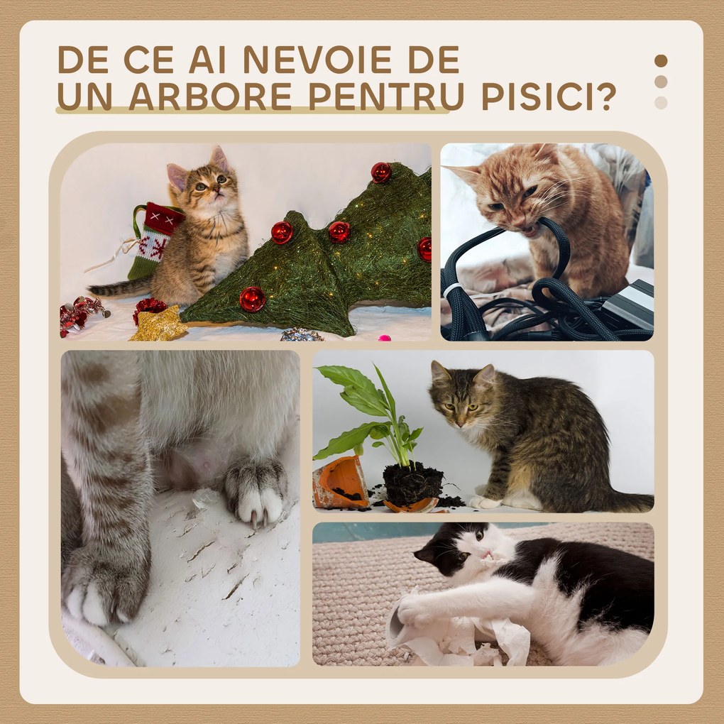 PawHut Șevalet de Zgâriat pentru Pisici cu Căsuță, 2 Platforme și Minge Gri | Aosom Romania
