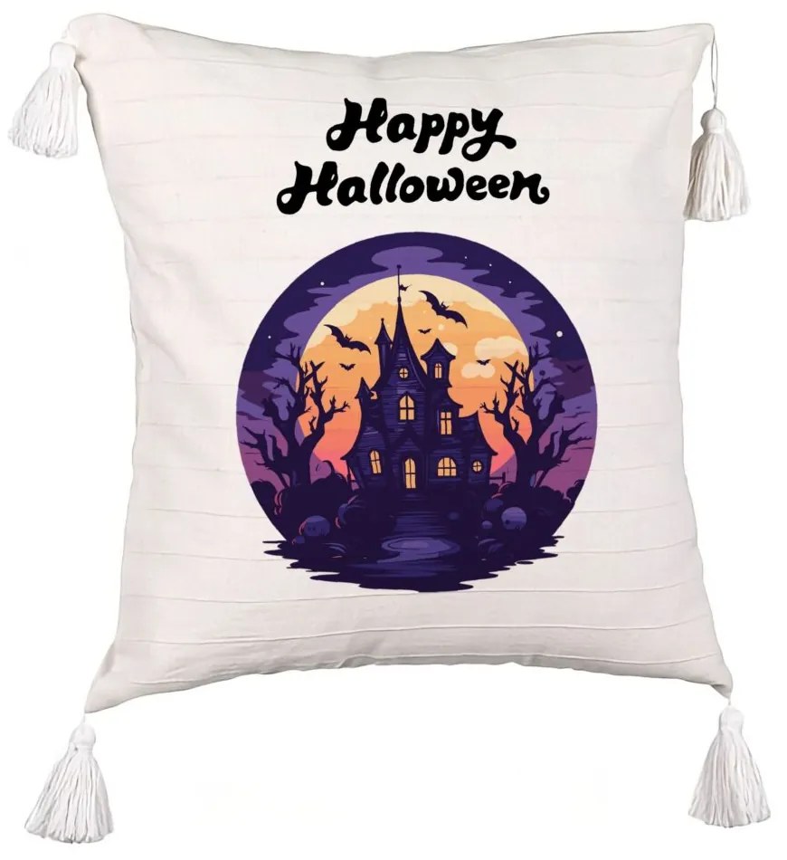 Perna Decorativa cu Franjuri cu motiv de Halloween si Text, 45x45 cm, Ecru, Cu fermoar