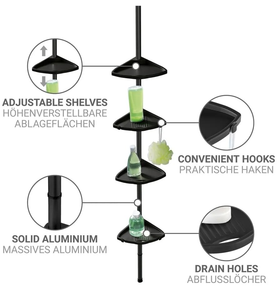 Raft pentru baie negru telescopic, pentru colț din plastic Compact – Wenko