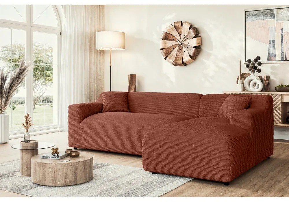 Colțar cărămiziu cu tapițerie din catifea reiată (cu colț pe partea dreaptă, cu șezlong) Martin – Ropez