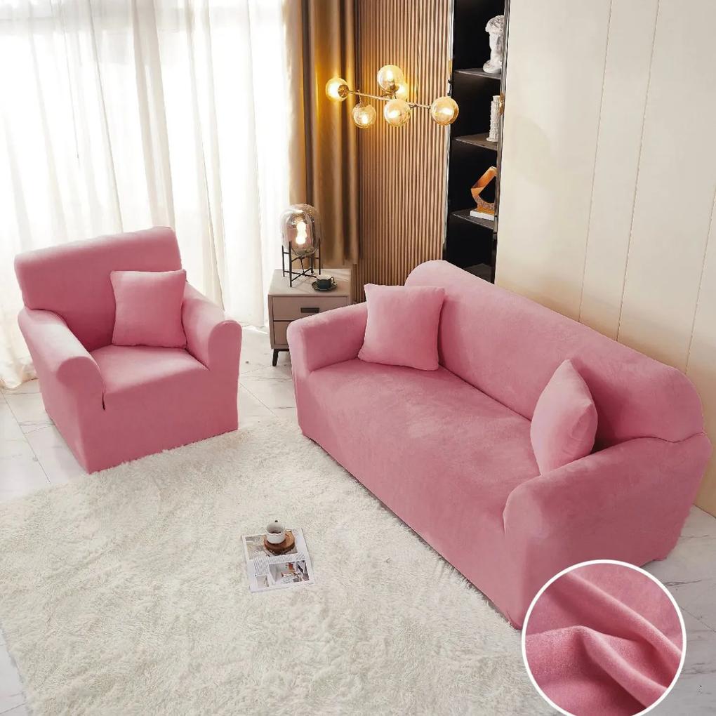 Set huse elastice din catifea pentru canapea 3 locuri + 2 fotolii, cu brate, roz inchis, HCCJS-13