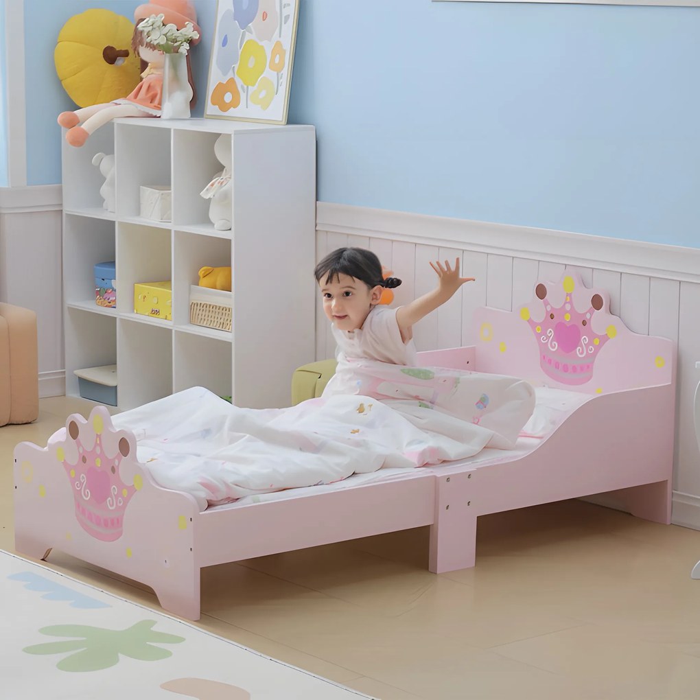 HOMCOM Pat Copii Siguranță Margini Înalte, 6 Picioare Lemn, pentru 3-6 Ani, 143x73x60cm, Roz | Aosom Romania
