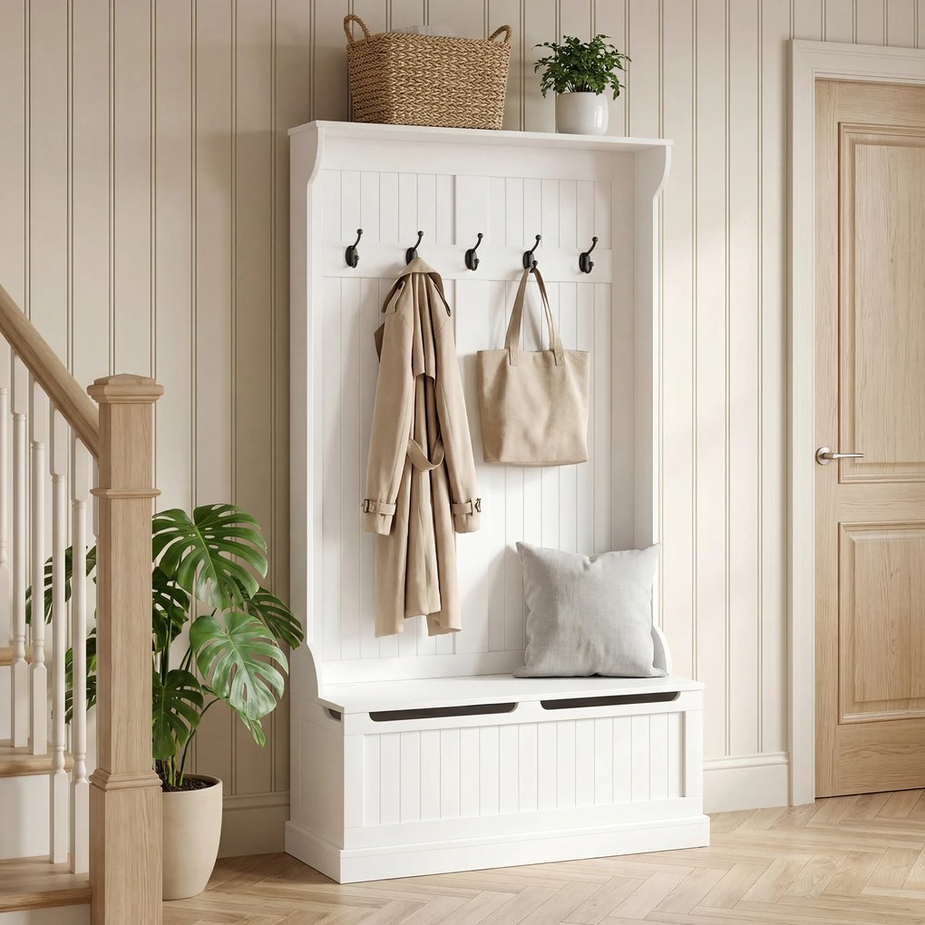 HOMCOM Cuier de Podea cu Bancă pentru Pantofi și 5 Cârlige, MDF, 96L x 34I x 179,7Î cm, Crem | Aosom Romania
