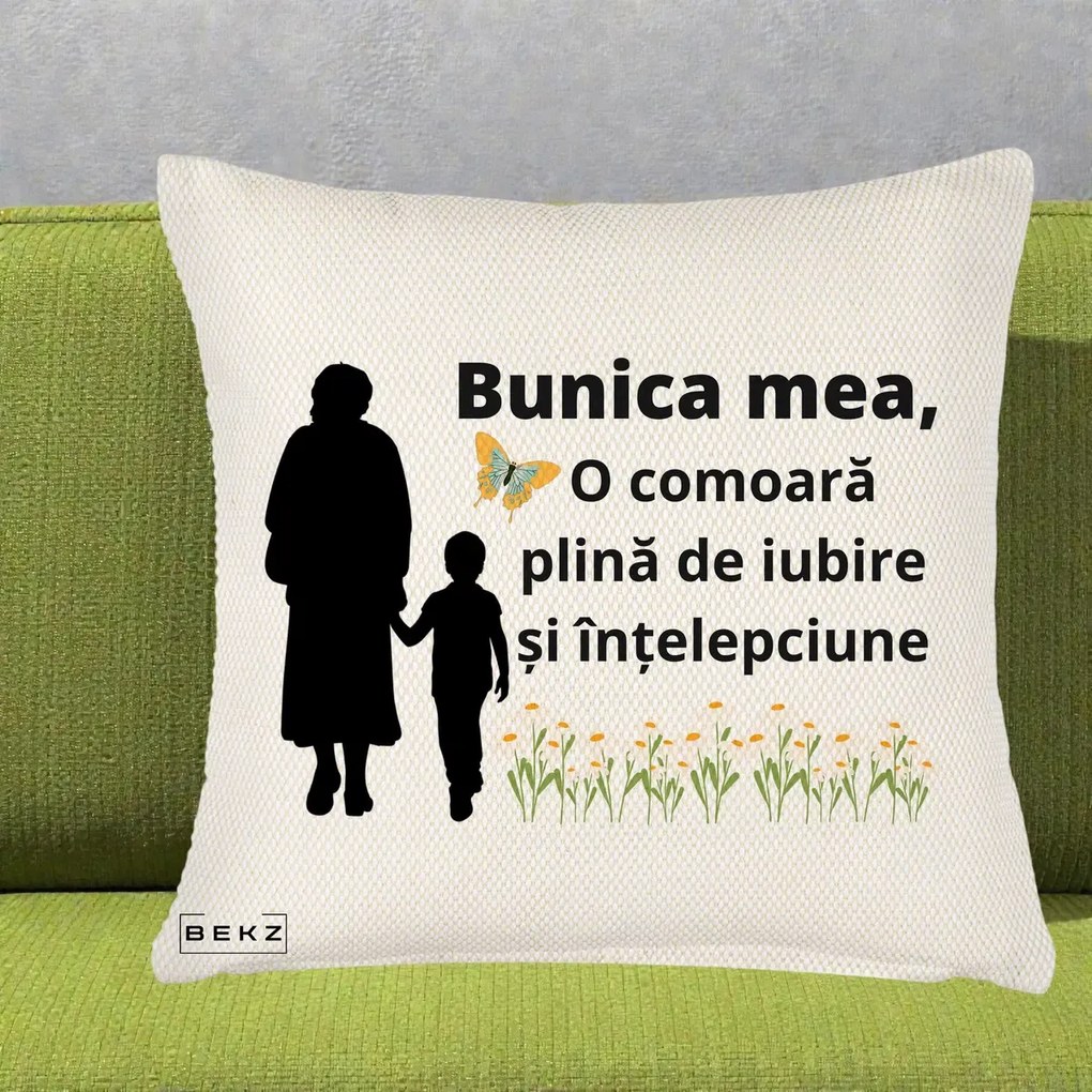 Cadou pentru Bunica - Perna Personalizata Bunica Mea Comoara cu Fluture si Baietel, 40x40 cm, Crem Reliefat, Husa Detasabila, Perna Inclusa, BEKZ®
