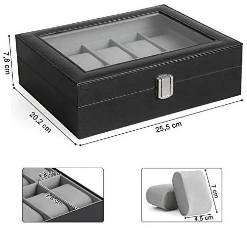 Cutie pentru ceasuri, Songmics, capacitate 20.2 x 25.5 x 7.8 cm, JWB010BK, Gri