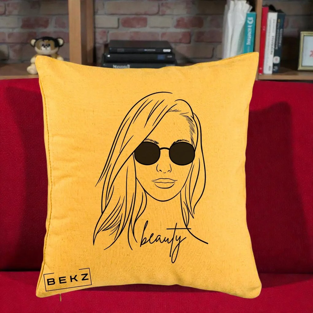 Perna Decorativa Beauty Girl Line Art, 40x40 cm, Galben, Husa Detasabila, Perna Inclusa, BEKZ®