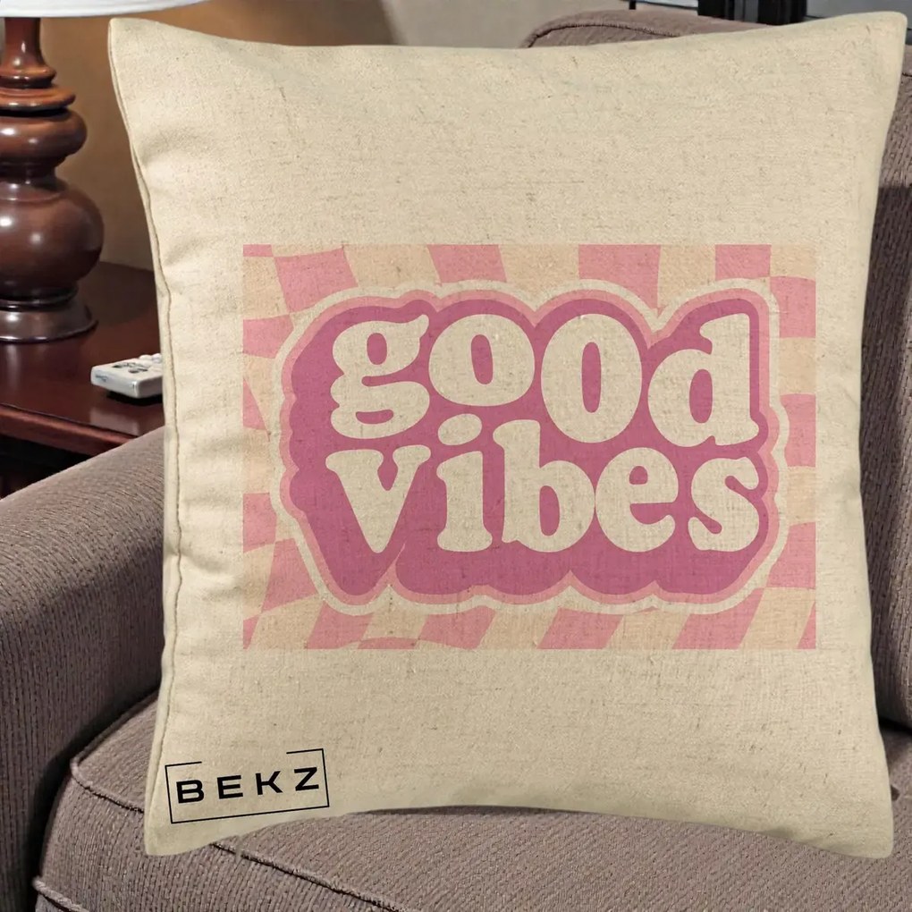 Perna Decorativa Good Vibes Retro Roz, 40x40 cm, Bej, Husa Detasabila, Perna Inclusa, BEKZ®