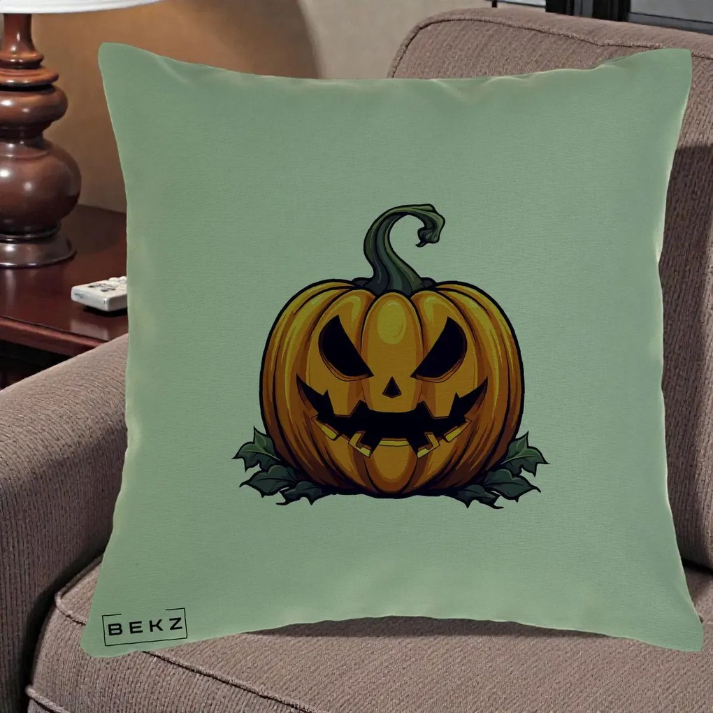 Perna Decorativa Halloween Jack-o'-Lantern Infricosator, 40x40 cm, Verde, Husa Detasabila, Perna Inclusa, BEKZ®