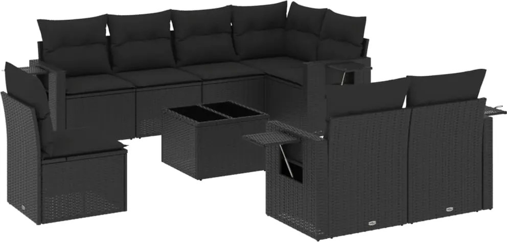 vidaXL Set mobilier de grădină cu perne, 9 piese, negru, poliratan