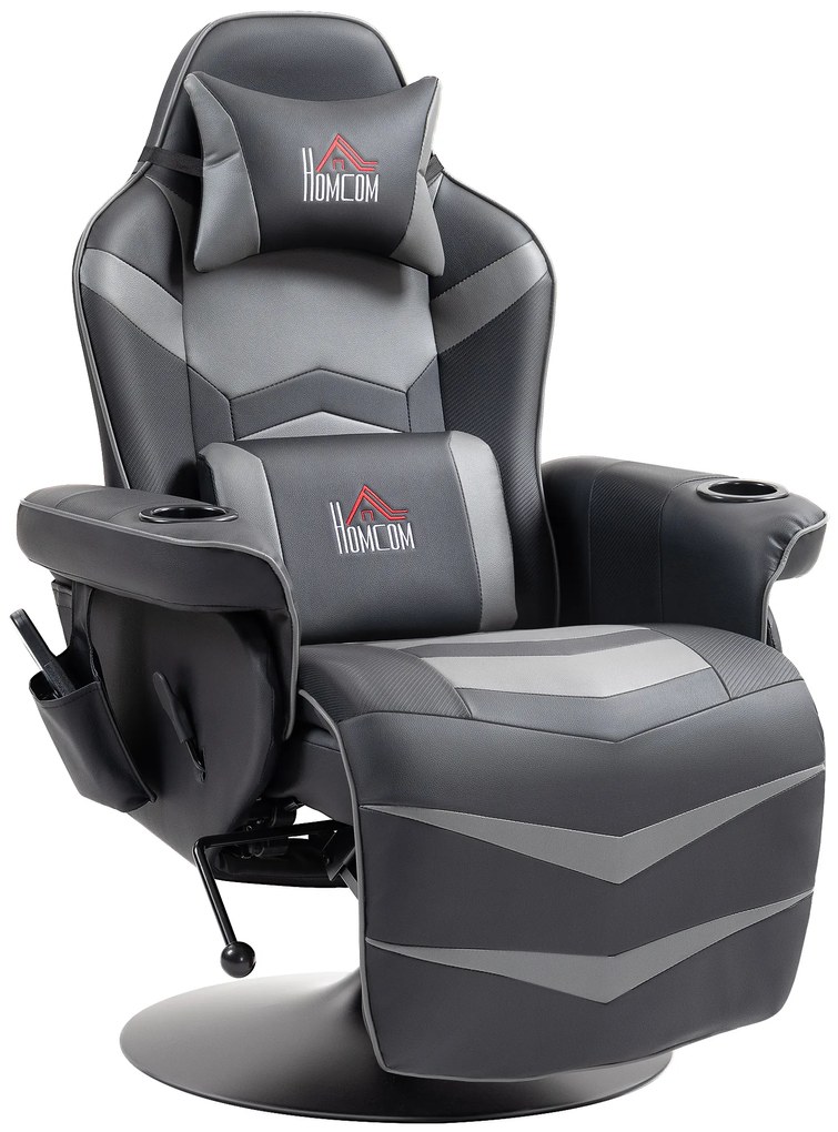 HOMCOM Fotoliu de gaming, funcție de masaj, spătar reglabil, suport pentru picioare, până la 120 kg, cadru din oțel, piele ecologică, Gri | Aosom Romania