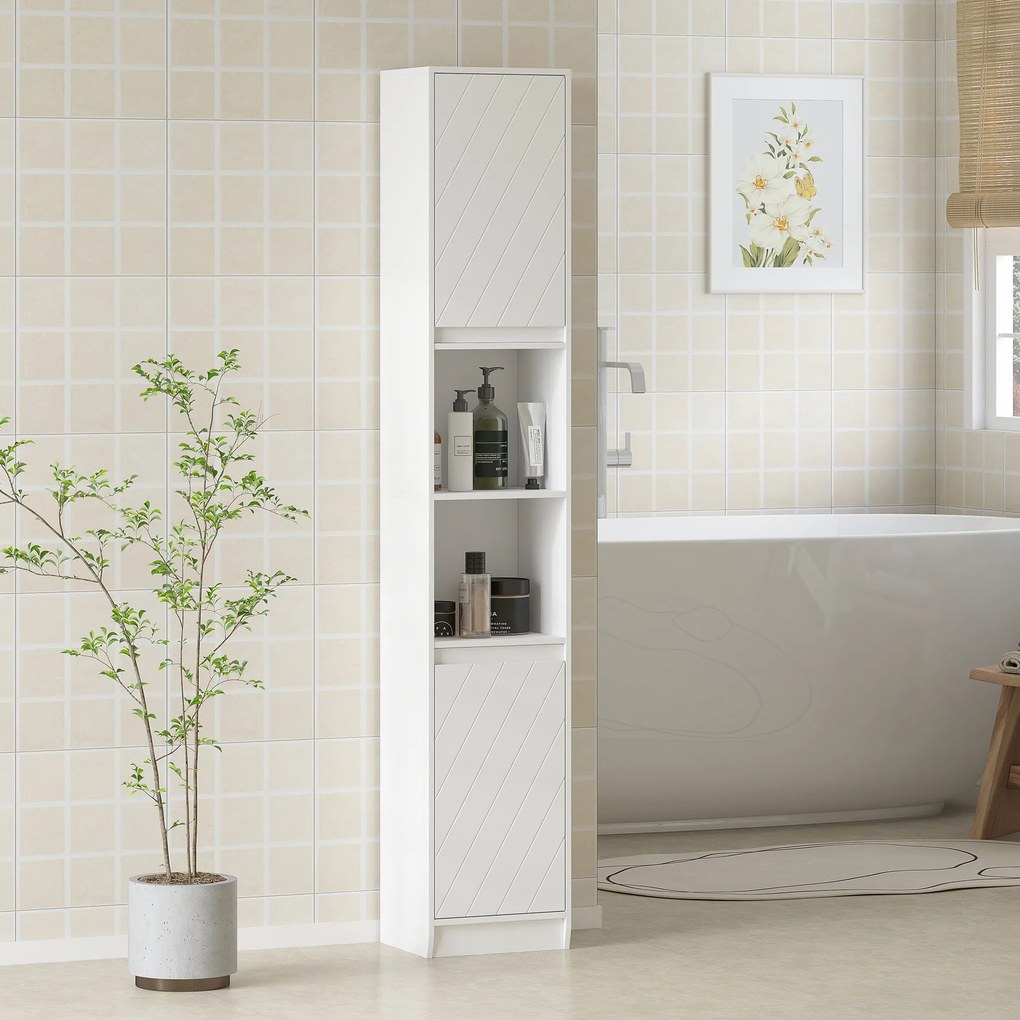 HOMCOM Dulap de baie tip coloană, compact, din lemn, cu 2 dulapuri și rafturi, 30x24x170 cm, alb | Aosom Romania