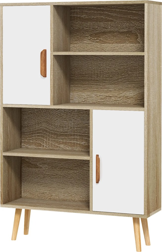 HOMCOM Bibliotecă scandinavă 4 nișe + 2 dulapuri cu poliță dim. 80L x 24l x 123H cm Picioare conice înclinate Lemn masiv Stejar | Aosom Romania