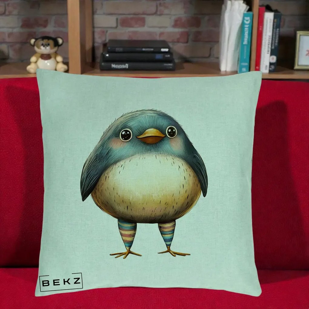 Perna Decorativa Pasare Teal-Bej cu Sosete Curcubeu, 40x40 cm, Verde Menta, Husa Detasabila, Perna Inclusa, BEKZ®