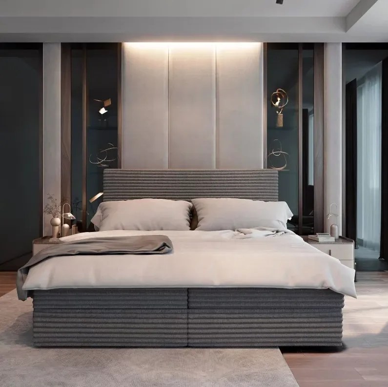 OFERTA Pat tapitat boxspring ISPIRA 140x200 cm gri II. calitate Saltele: Saltea cu arcuri Bonell