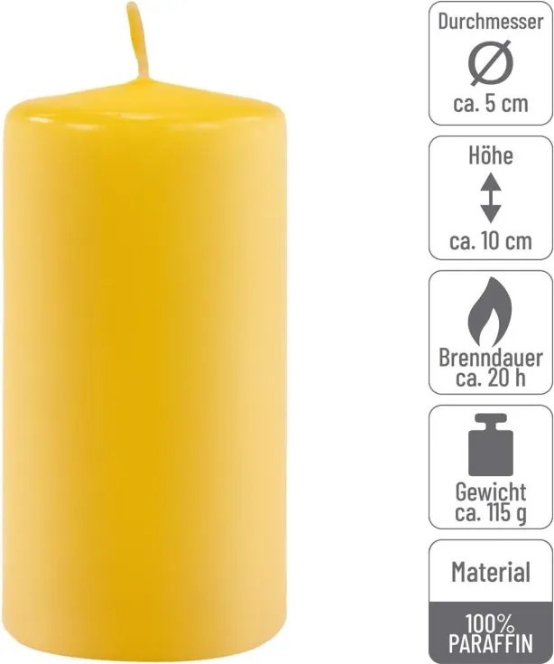 Set de lumânări pilon, 10 cm, Ø 5 cm, galben, 8 buc.