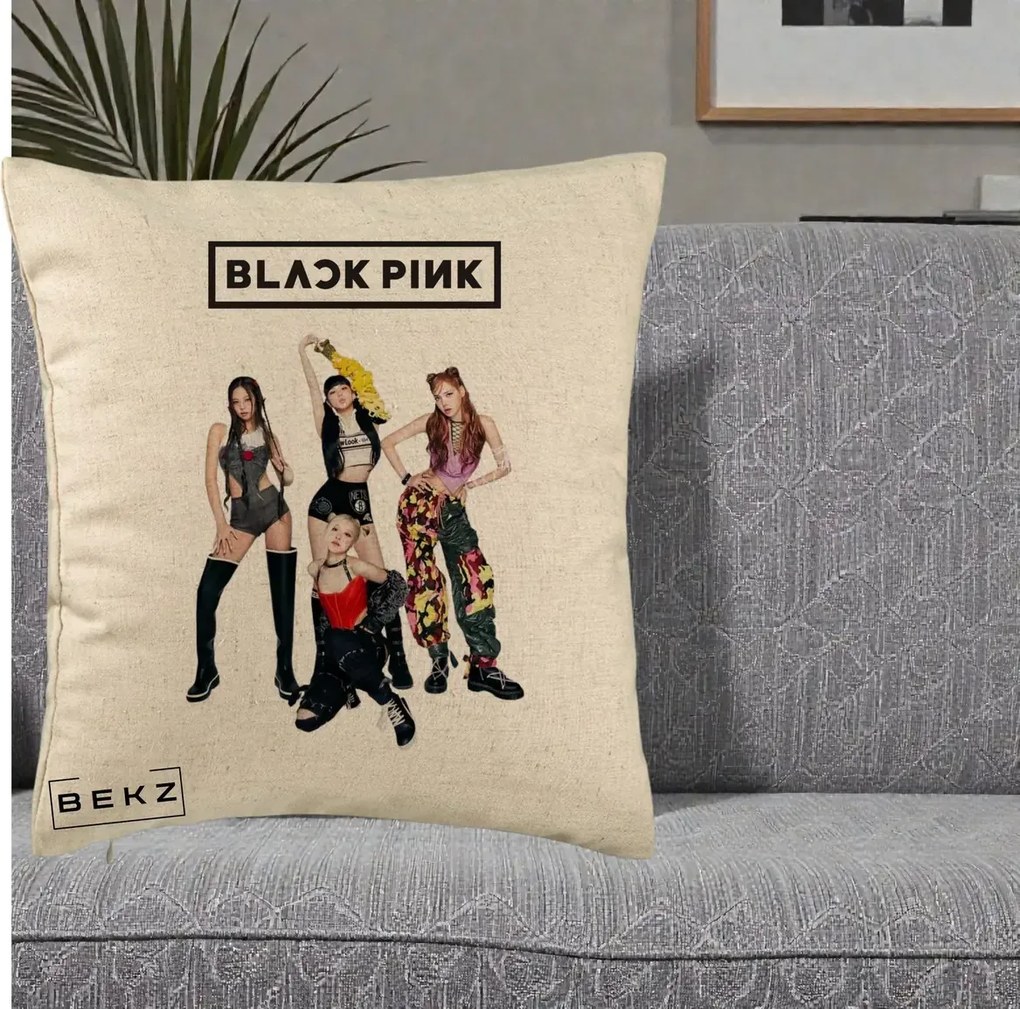 Perna Personalizata K-pop BLACKPINK Fotografie de Grup, 40x40 cm, Bej, Husa Detasabila, Perna Inclusa, BEKZ®