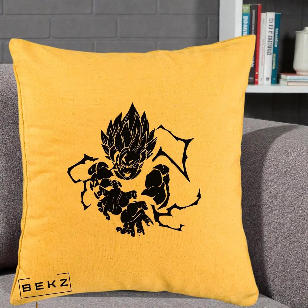 Perna Personalizata Dragon Ball Goku Super Saiyan Silueta, 40x40 cm, Galben, Husa Detasabila, Perna Inclusa, BEKZ®