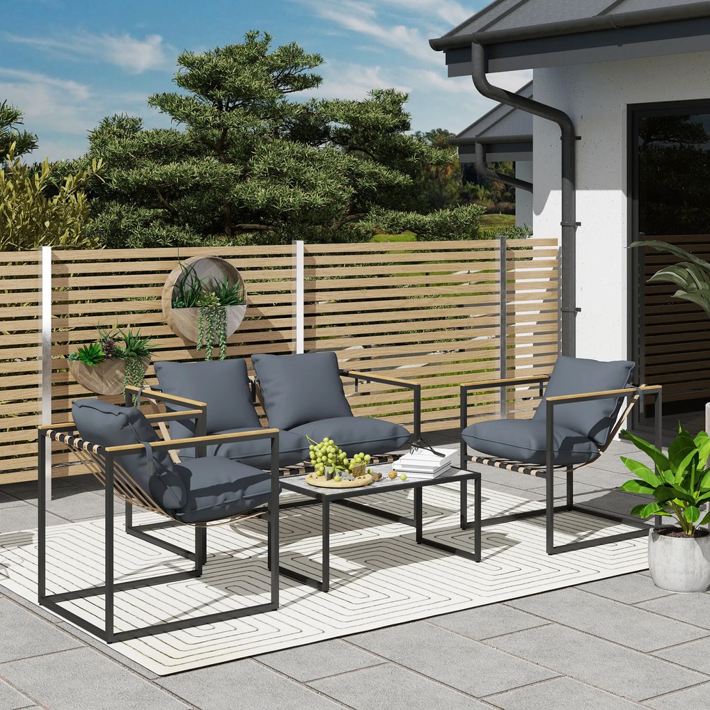 Outsunny set mobilier grădină 4 piese, 2 fotolii, canapea 2 persoane, masă, perne incluse, gri | Aosom Romania