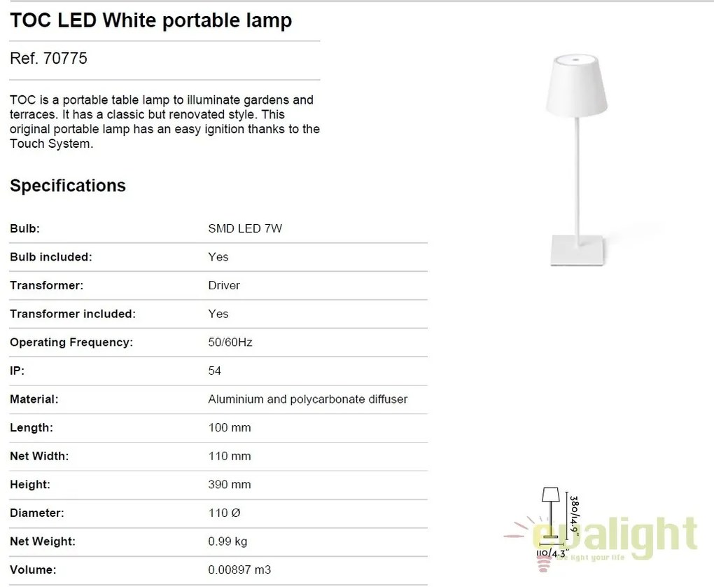 Lampa LED portabila iluminat exterior stil clasic TOC alba 70775