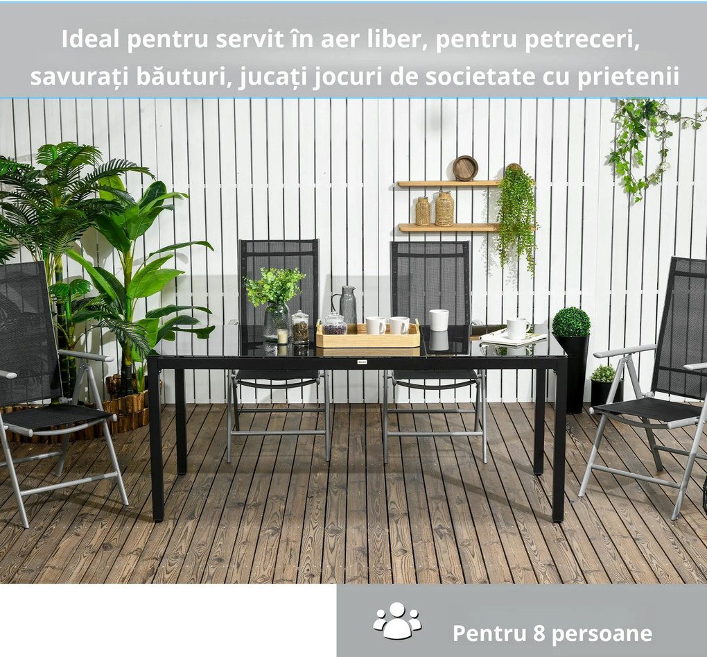 Masa pentru exterior Outsunny cu 8 locuri cu blat din sticla securizata, negru | Aosom Romania